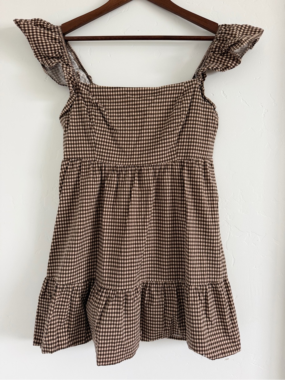 Reformation Jeune Dress Size 10 Brown White Gingham Ruffle Mini Dress - Picture 2 of 5